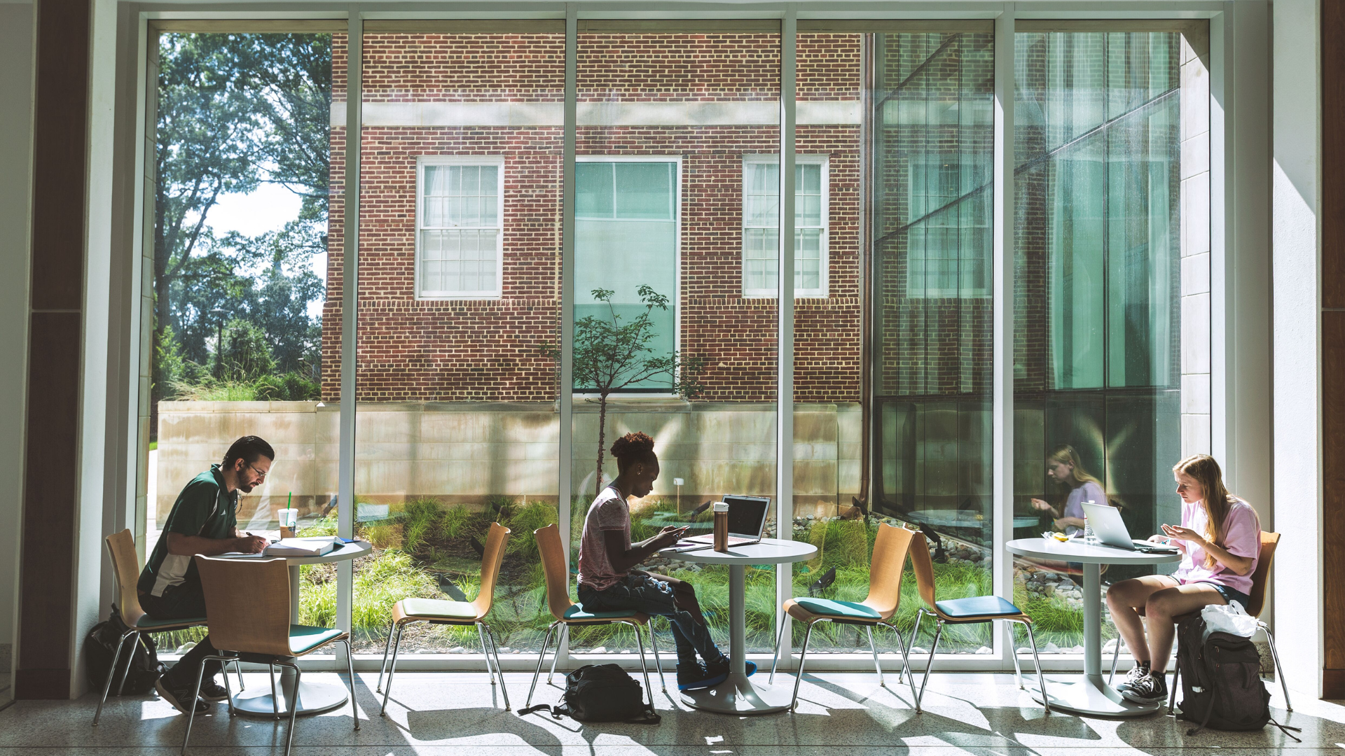 people working at computers at cafe