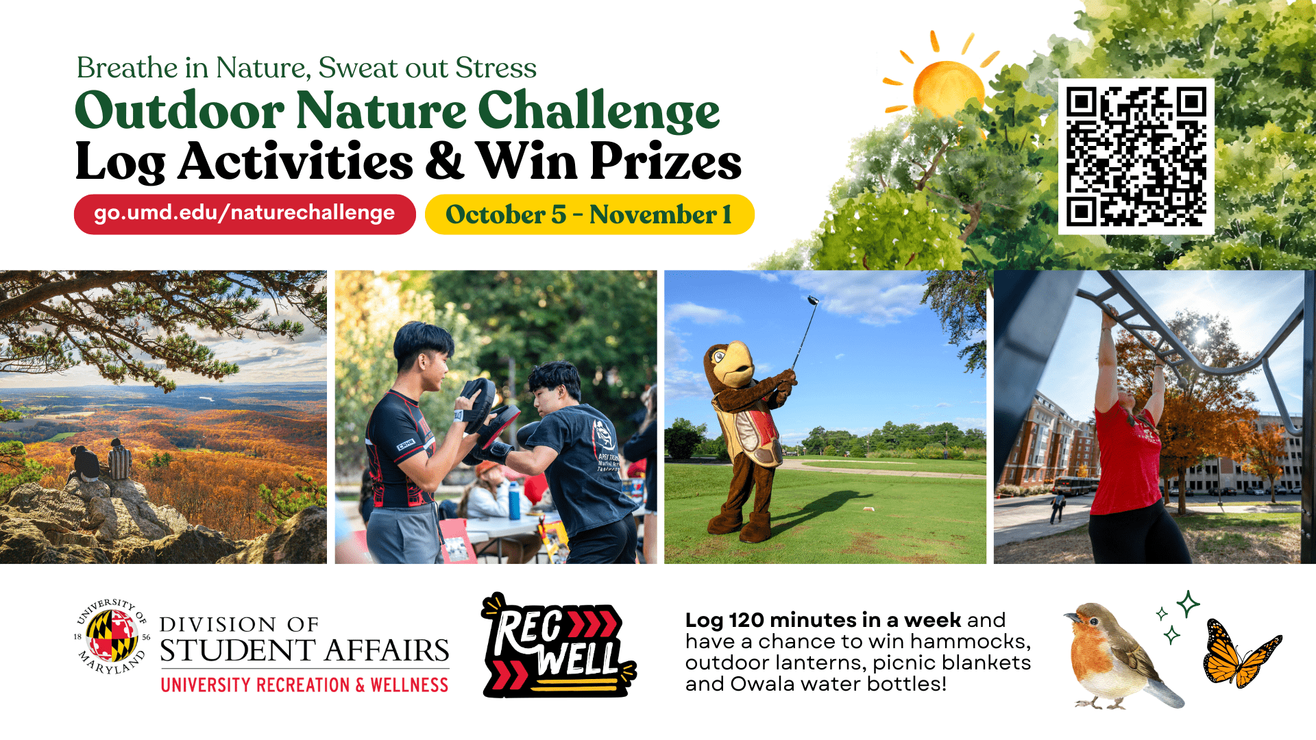flyer for Outdoor Nature Challenge; four pictures of outdoor activities; QR code for registration 
